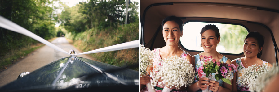 Bridesmaids in old timer car