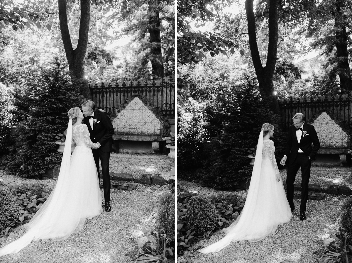 Wedding couple first look in garden of Writer's Villa