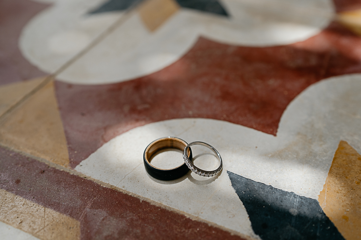 Wedding ring on colourful tiles in Gozo